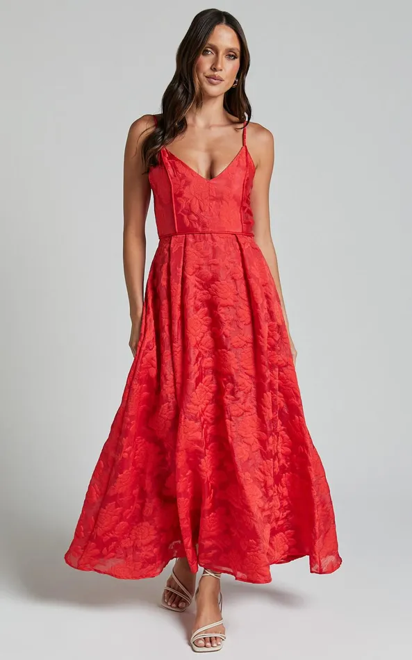 Showpo Philine Midi Dress 8211 Plunge Fit And Flare Dress In RED Women Dresses