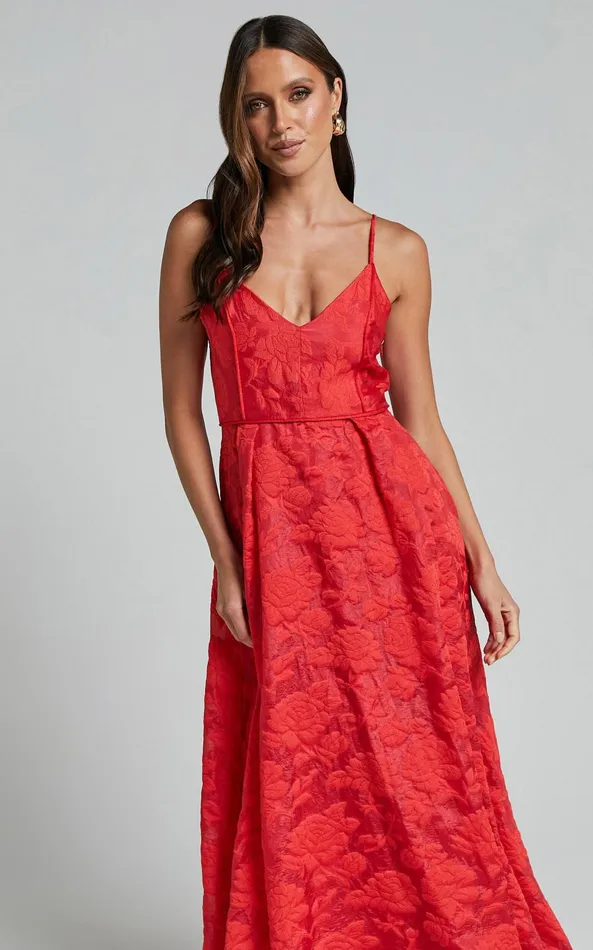 Showpo Philine Midi Dress 8211 Plunge Fit And Flare Dress In RED Women Dresses