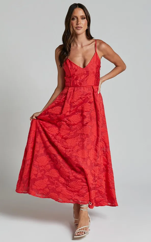 Showpo Philine Midi Dress 8211 Plunge Fit And Flare Dress In RED Women Dresses