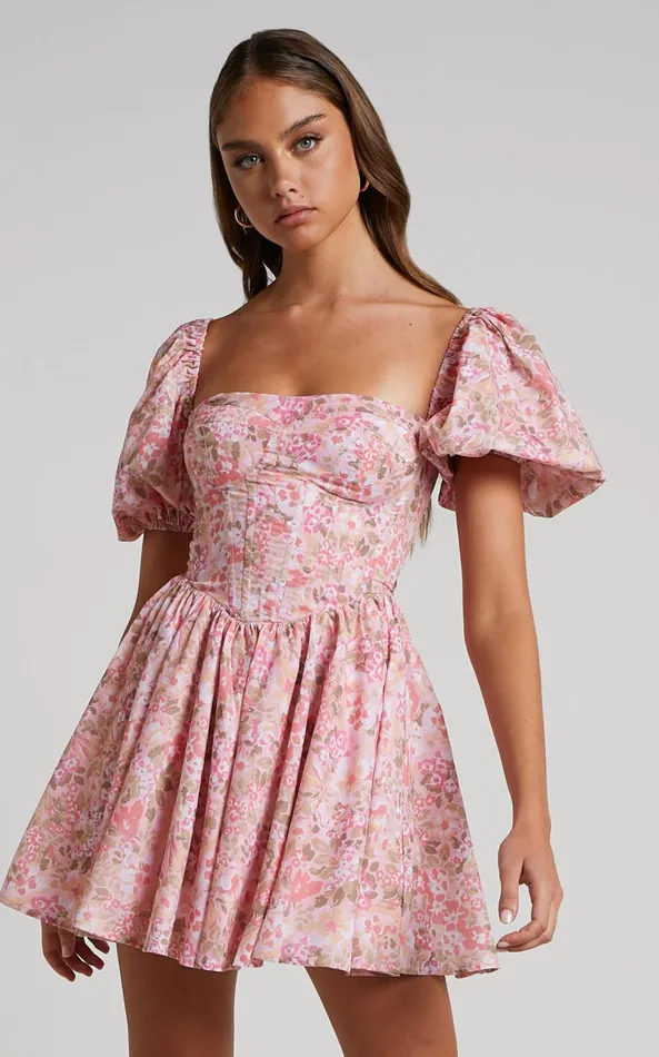 Showpo Phorchia Mini Dress 8211 Fit And Flare Puff Sleeve Corset Dress In Fleur Print Women Curve Clothes