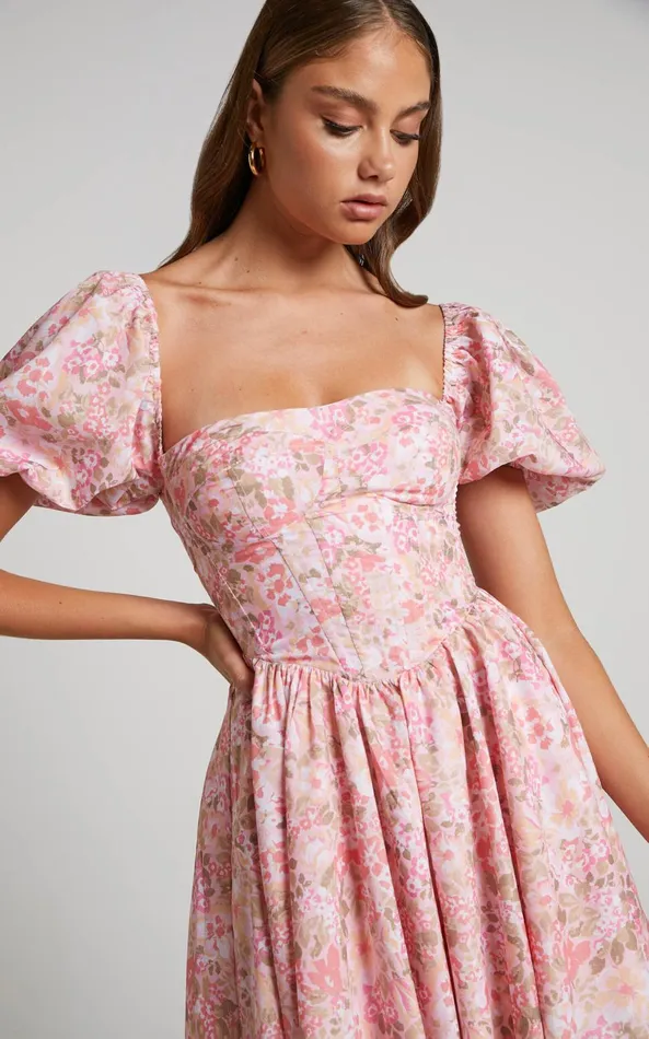 Showpo Phorchia Mini Dress 8211 Fit And Flare Puff Sleeve Corset Dress In Fleur Print Women Curve Clothes