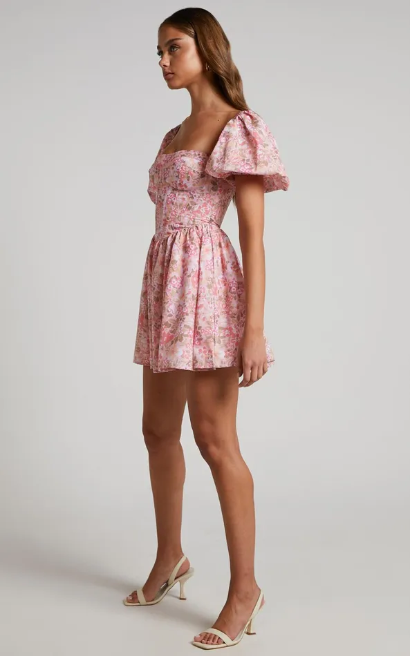 Showpo Phorchia Mini Dress 8211 Fit And Flare Puff Sleeve Corset Dress In Fleur Print Women Curve Clothes