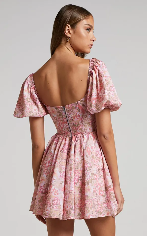 Showpo Phorchia Mini Dress 8211 Fit And Flare Puff Sleeve Corset Dress In Fleur Print Women Curve Clothes