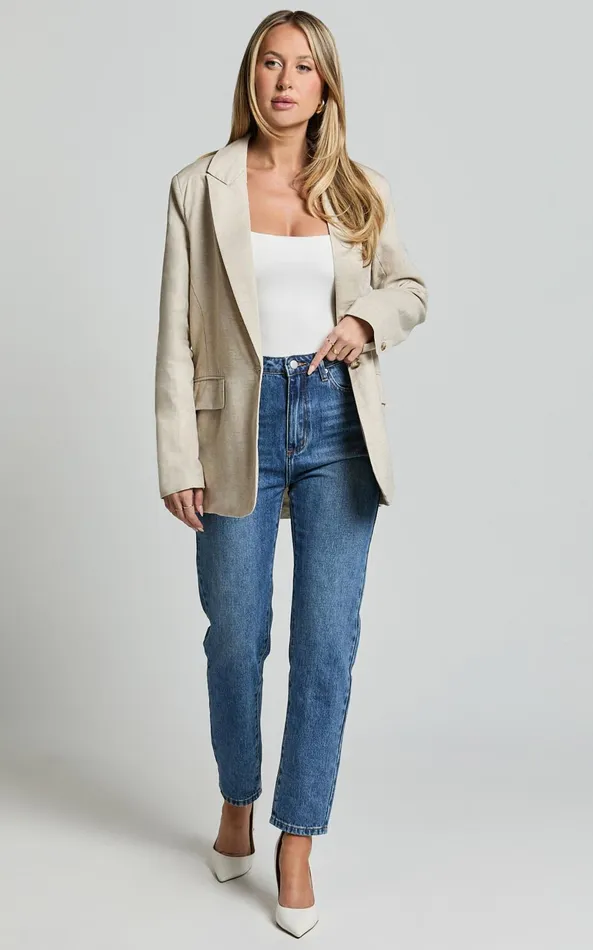 Showpo Pierce Blazer 8211 Linen Look Oversized Single Breasted Blazer In Natural Women Blazers
