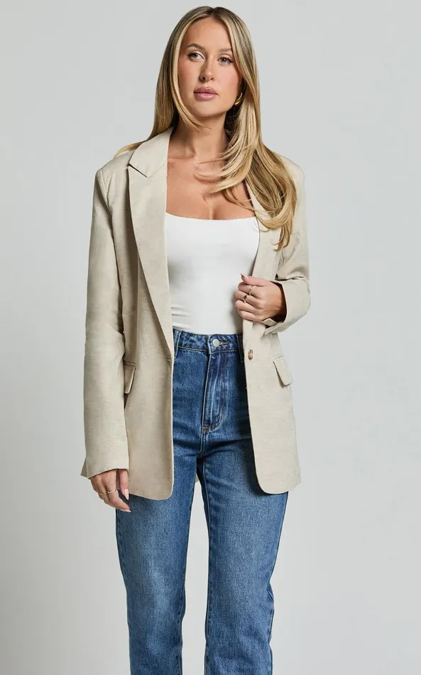 Showpo Pierce Blazer 8211 Linen Look Oversized Single Breasted Blazer In Natural Women Blazers