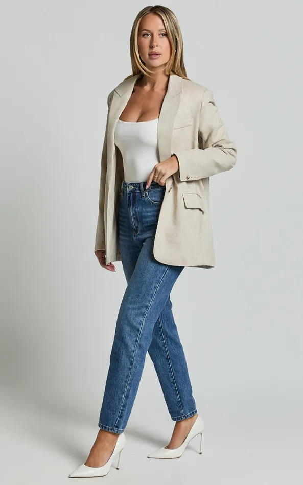 Showpo Pierce Blazer 8211 Linen Look Oversized Single Breasted Blazer In Natural Women Blazers
