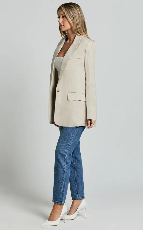 Showpo Pierce Blazer 8211 Linen Look Oversized Single Breasted Blazer In Natural Women Blazers