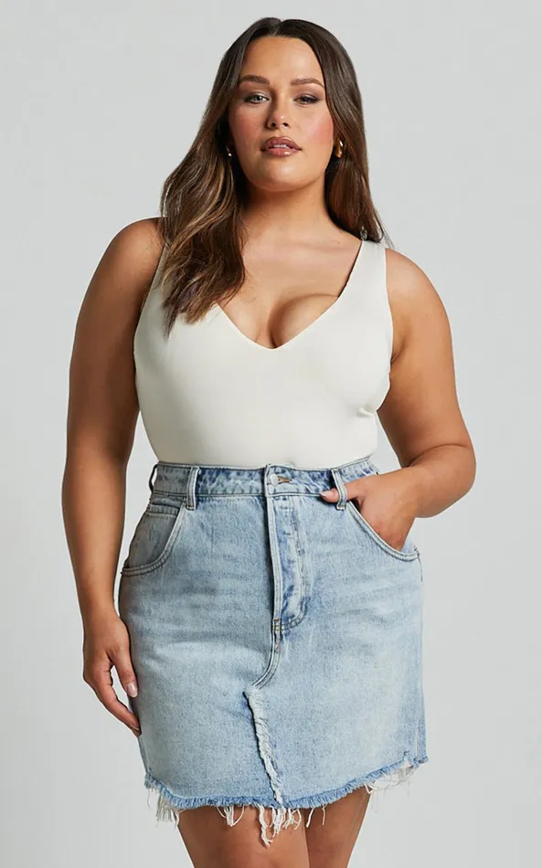 Showpo Pieta Mini Skirt 8211 Recycled Cotton Raw Hem Denim Skirt In Mid Blue Wash Women Curve Clothes