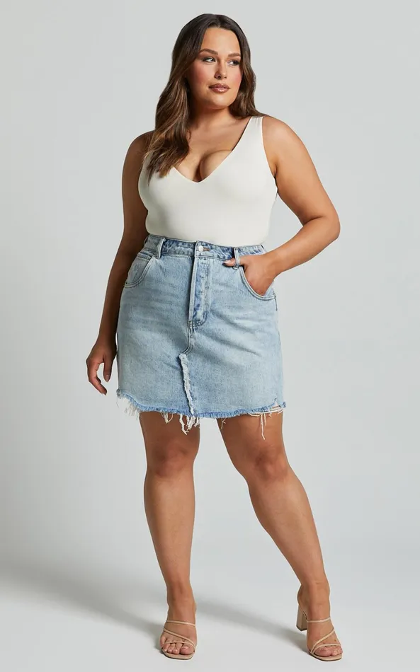 Showpo Pieta Mini Skirt 8211 Recycled Cotton Raw Hem Denim Skirt In Mid Blue Wash Women Curve Clothes