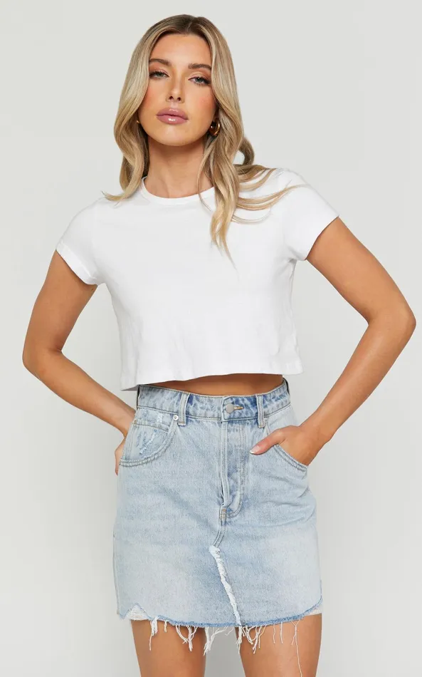 Showpo Pieta Mini Skirt 8211 Recycled Cotton Raw Hem Denim Skirt In Mid Blue Wash Women Curve Clothes