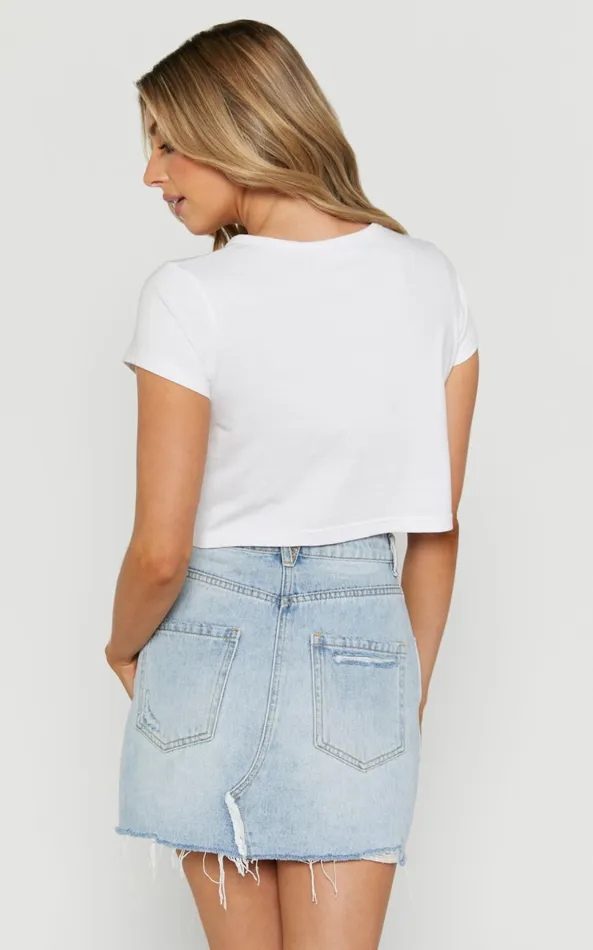 Showpo Pieta Mini Skirt 8211 Recycled Cotton Raw Hem Denim Skirt In Mid Blue Wash Women Curve Clothes