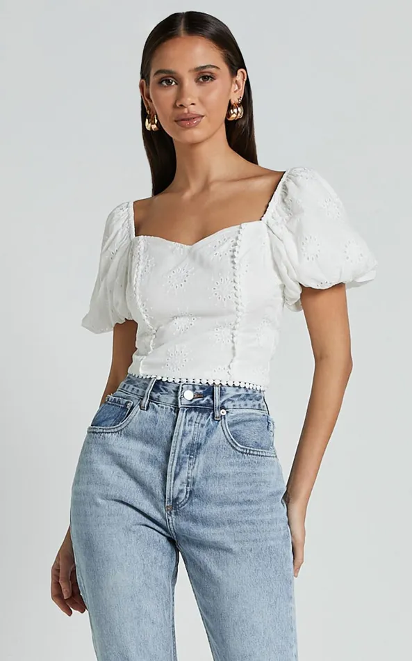 Showpo Pixie Top 8211 Sweetheart Puff Sleeve Embroidery Top In White Women Tops
