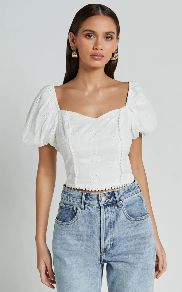 Showpo Pixie Top 8211 Sweetheart Puff Sleeve Embroidery Top In White Women Tops