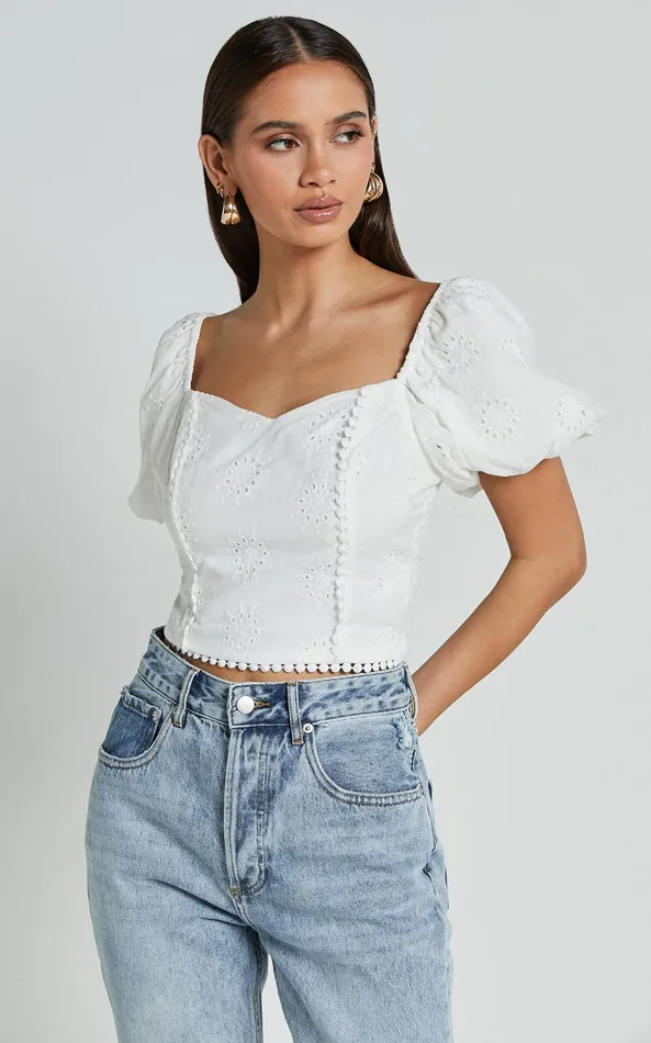 Showpo Pixie Top 8211 Sweetheart Puff Sleeve Embroidery Top In White Women Tops