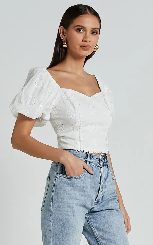 Showpo Pixie Top 8211 Sweetheart Puff Sleeve Embroidery Top In White Women Tops