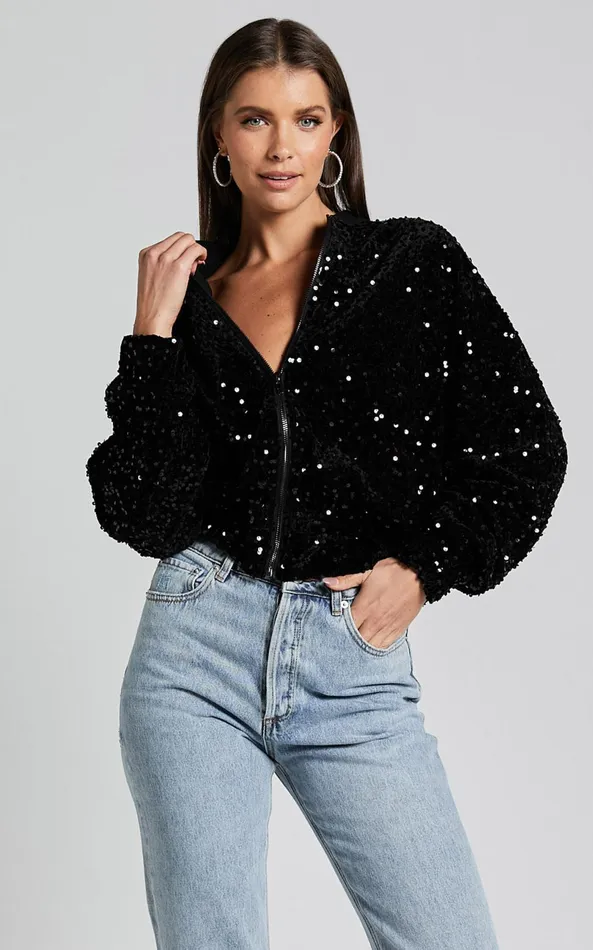 Showpo Poinsettia Jacket 8211 Sequin Bomber In Black Women Jackets and Coats