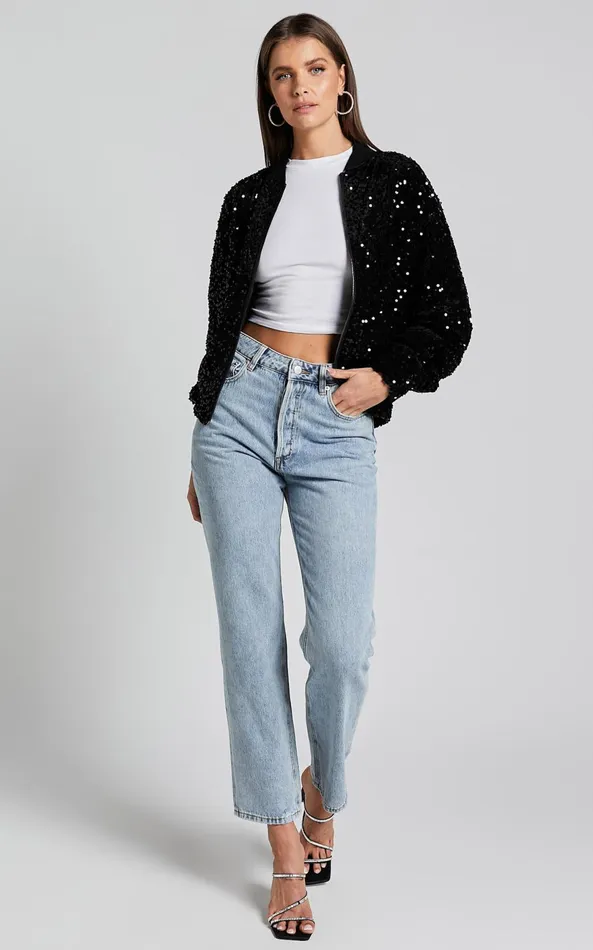 Showpo Poinsettia Jacket 8211 Sequin Bomber In Black Women Jackets and Coats