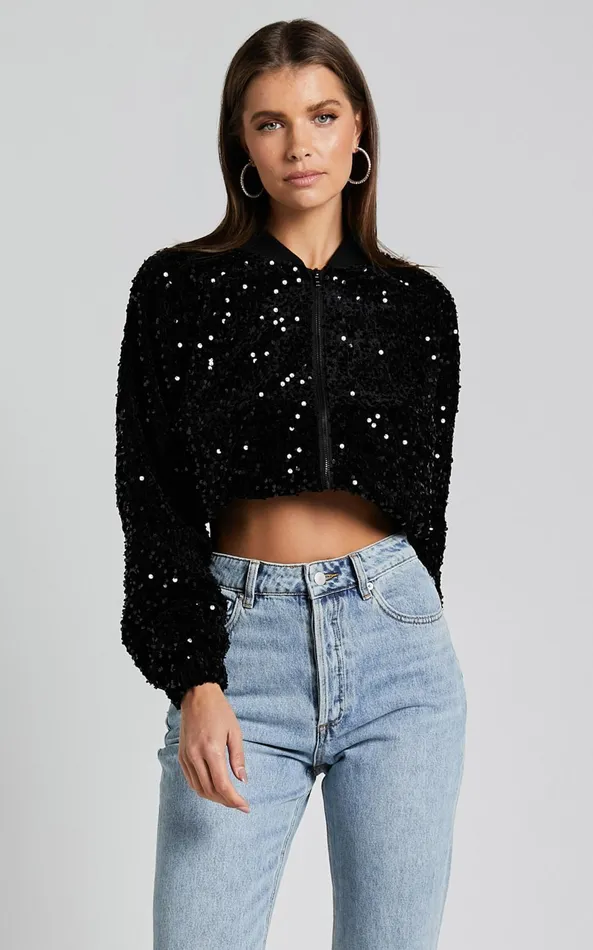 Showpo Poinsettia Jacket 8211 Sequin Bomber In Black Women Jackets and Coats