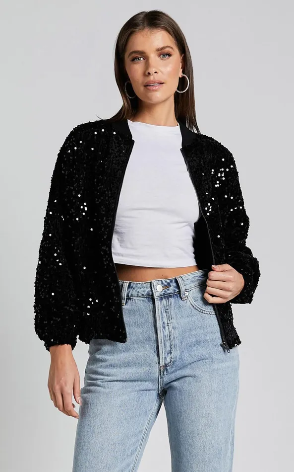 Showpo Poinsettia Jacket 8211 Sequin Bomber In Black Women Jackets and Coats