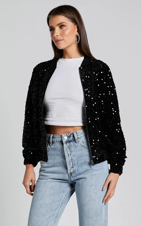 Showpo Poinsettia Jacket 8211 Sequin Bomber In Black Women Jackets and Coats