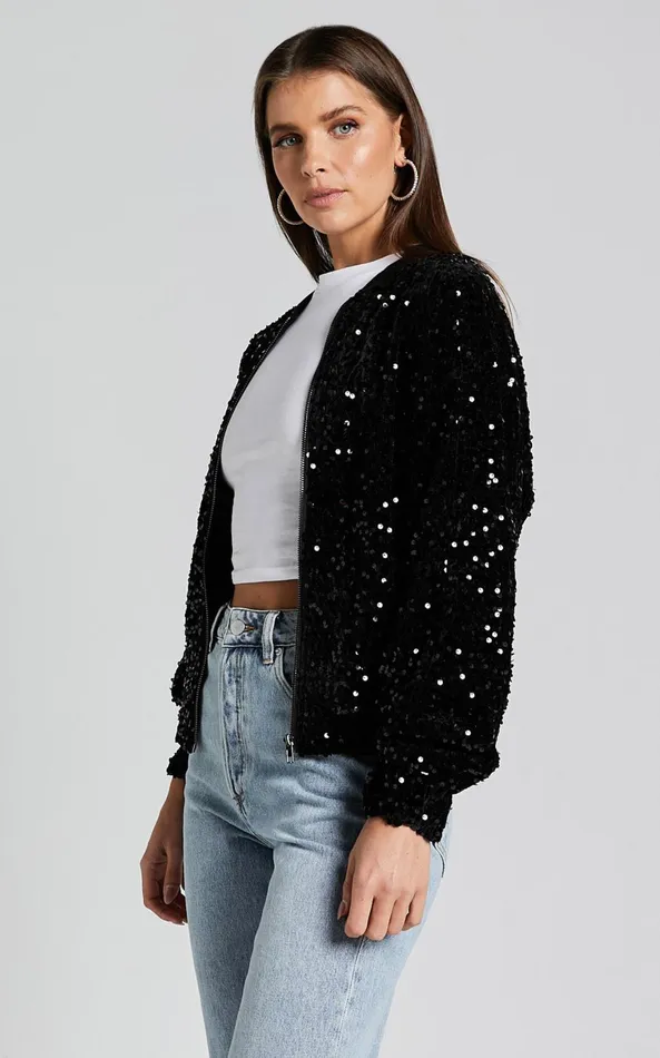 Showpo Poinsettia Jacket 8211 Sequin Bomber In Black Women Jackets and Coats