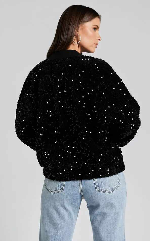 Showpo Poinsettia Jacket 8211 Sequin Bomber In Black Women Jackets and Coats