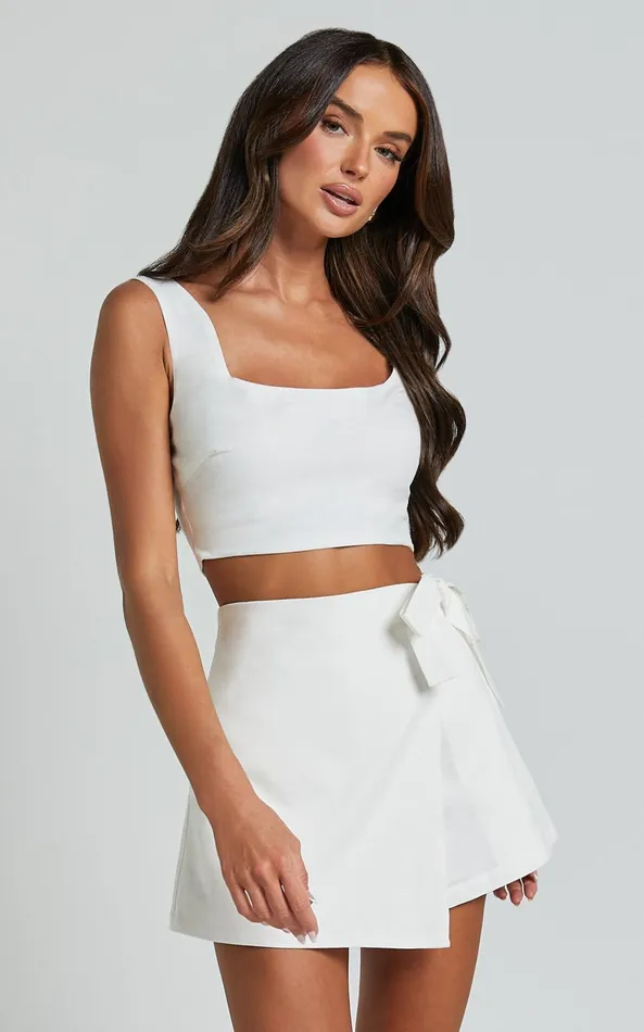 Showpo Polina Two Piece Set 8211 Linen Look Square Neck Crop Top And Tie Waist Skort Set In White Women Dresses