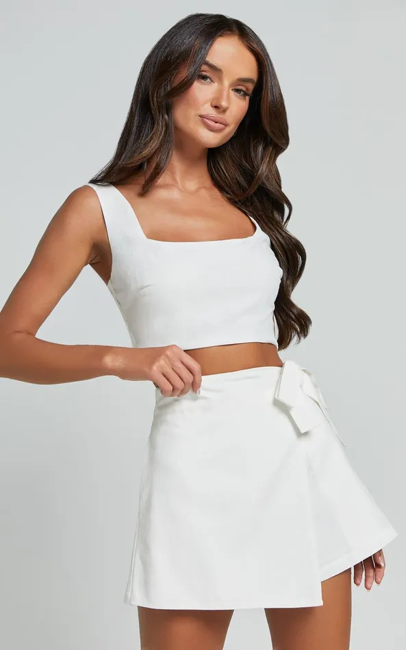 Showpo Polina Two Piece Set 8211 Linen Look Square Neck Crop Top And Tie Waist Skort Set In White Women Dresses