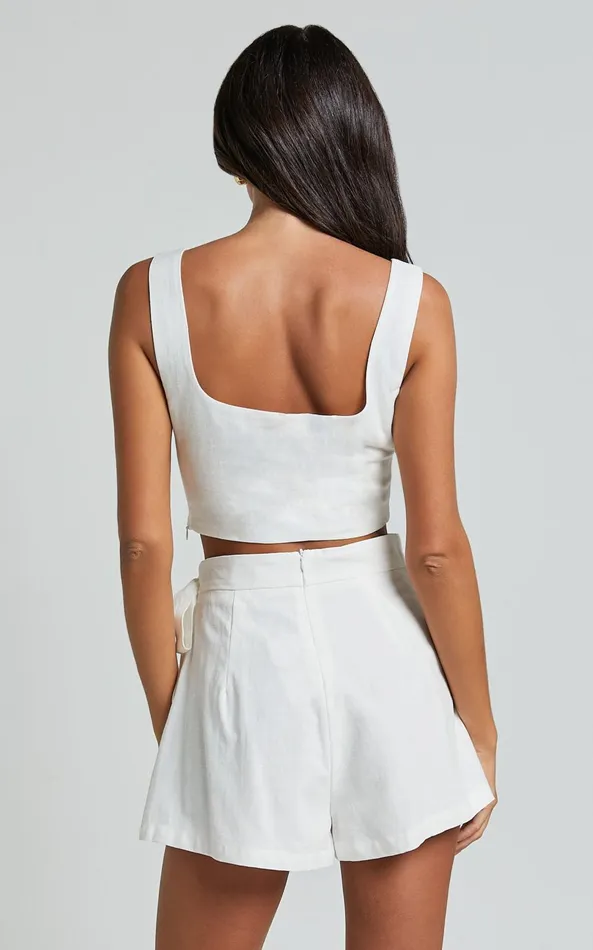 Showpo Polina Two Piece Set 8211 Linen Look Square Neck Crop Top And Tie Waist Skort Set In White Women Dresses