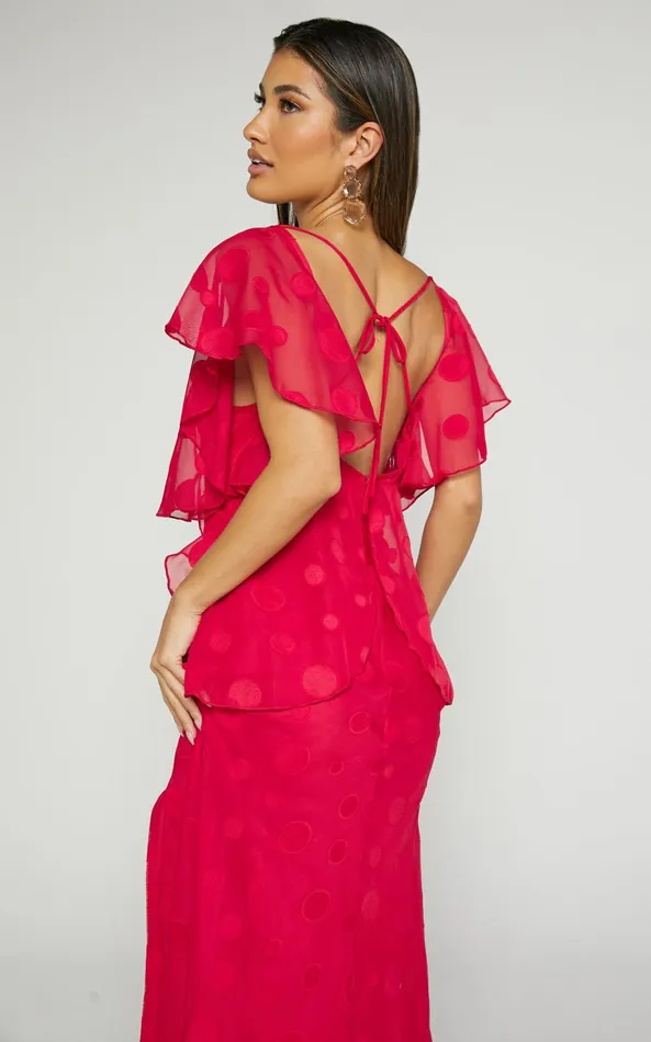 Showpo Polly Maxi Dress 8211 V Neck Flutter Sleeve Thigh Split In Red Women Dresses