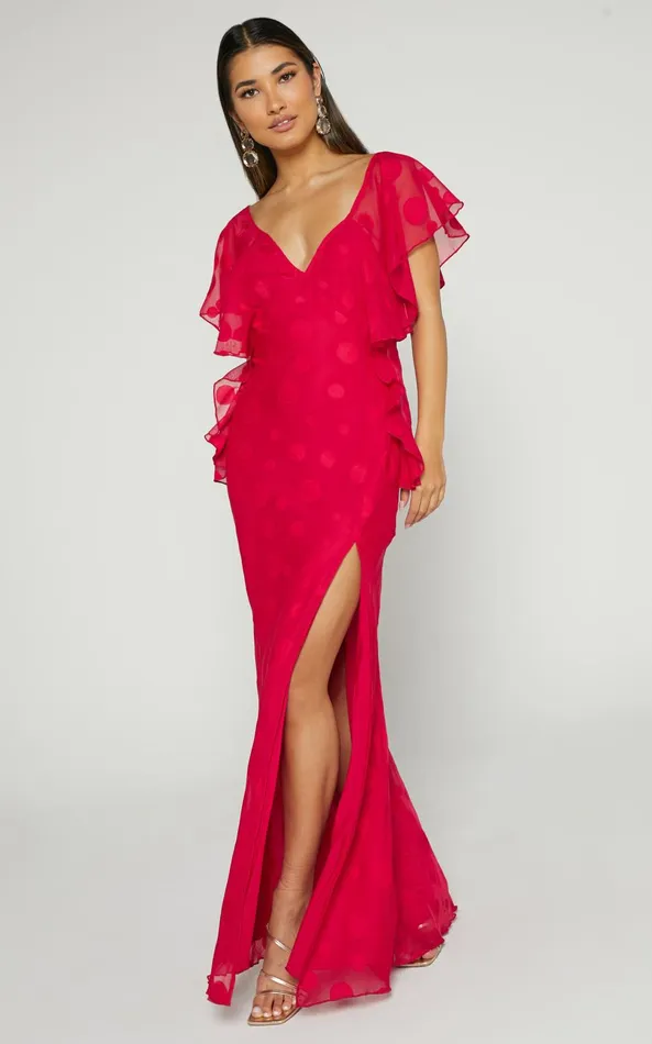Showpo Polly Maxi Dress 8211 V Neck Flutter Sleeve Thigh Split In Red Women Dresses