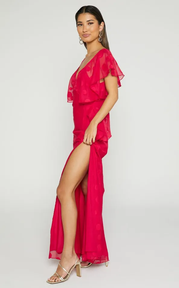 Showpo Polly Maxi Dress 8211 V Neck Flutter Sleeve Thigh Split In Red Women Dresses