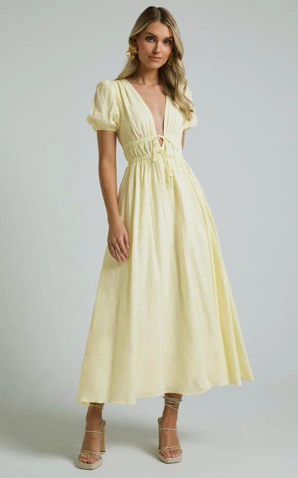 Showpo Portofino Midi Dress 8211 V Neck Puff Sleeve Dress In Yellow Women Dresses Showpo Portofino Midi Dress 8211 V Neck Puff Sleeve Dress In Yellow Women Dresses