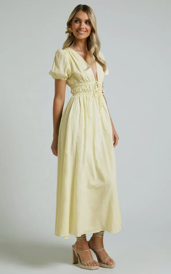 Showpo Portofino Midi Dress 8211 V Neck Puff Sleeve Dress In Yellow Women Dresses