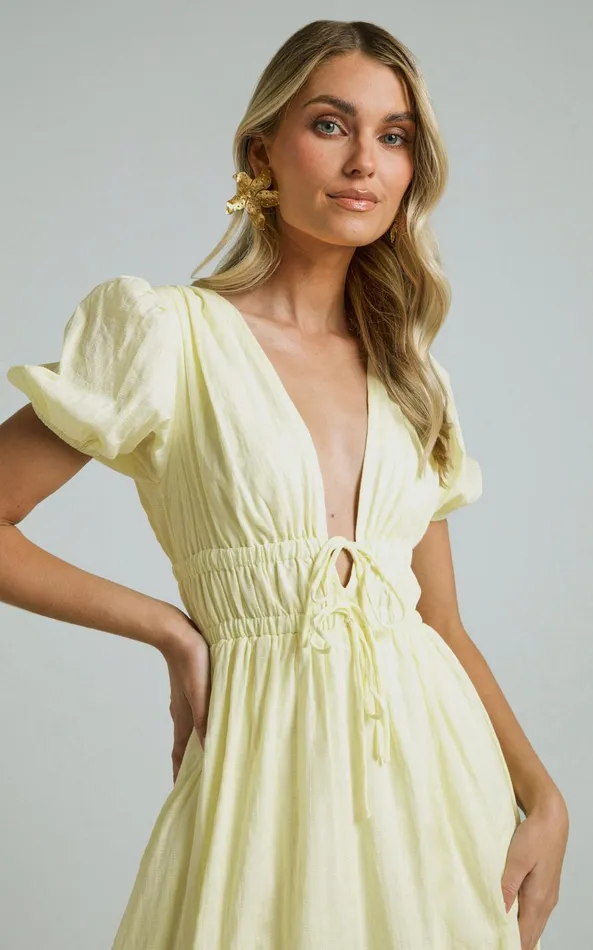 Showpo Portofino Midi Dress 8211 V Neck Puff Sleeve Dress In Yellow Women Dresses