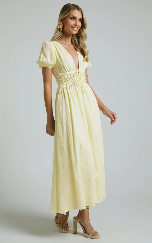 Showpo Portofino Midi Dress 8211 V Neck Puff Sleeve Dress In Yellow Women Dresses