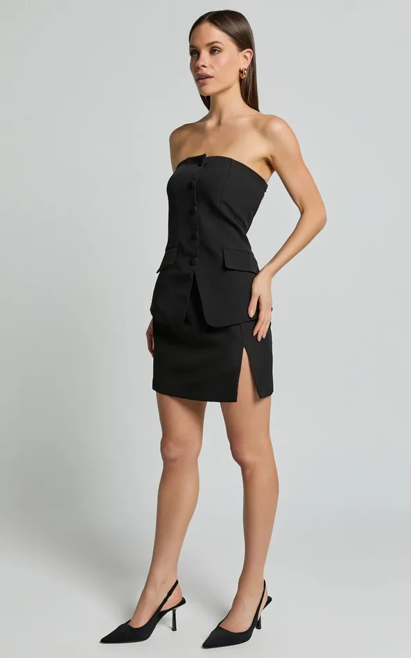 Showpo Posie Top 8211 Strapless Button Down Waist Coat In Black Women Tops