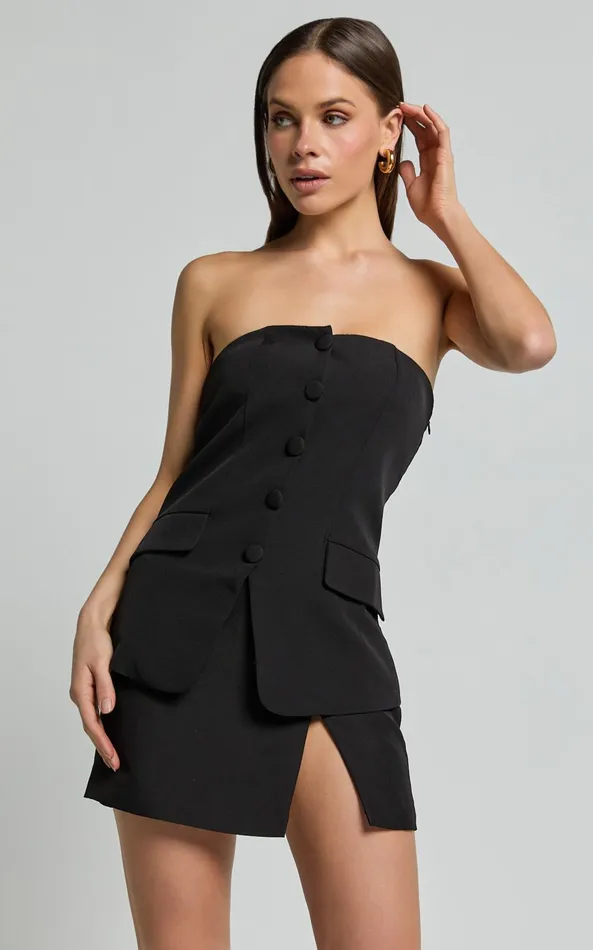 Showpo Posie Top 8211 Strapless Button Down Waist Coat In Black Women Tops