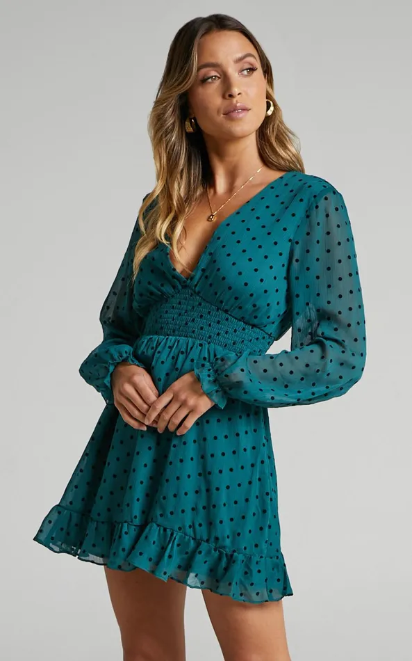 Showpo Pretty As You Long Sleeve Mini Dress In Emerald Spot Women Dresses