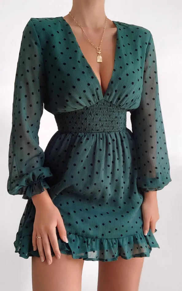 Showpo Pretty As You Long Sleeve Mini Dress In Emerald Spot Women Dresses