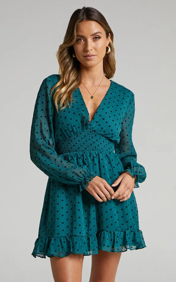 Showpo Pretty As You Long Sleeve Mini Dress In Emerald Spot Women Dresses