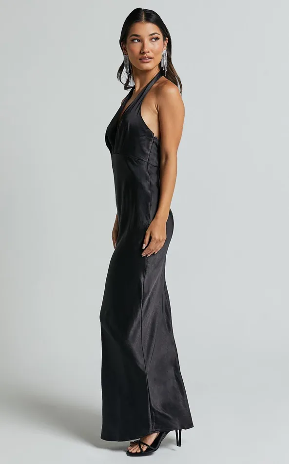 Showpo Prima Maxi Dress 8211 Detachable Rosette Plunge Satin Dress In Black Women Dresses