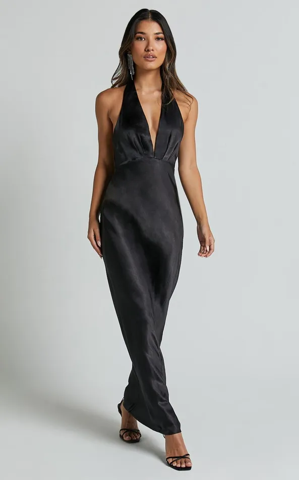Showpo Prima Maxi Dress 8211 Detachable Rosette Plunge Satin Dress In Black Women Dresses