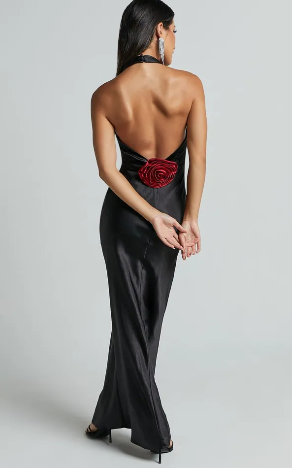 Showpo Prima Maxi Dress 8211 Detachable Rosette Plunge Satin Dress In Black Women Dresses