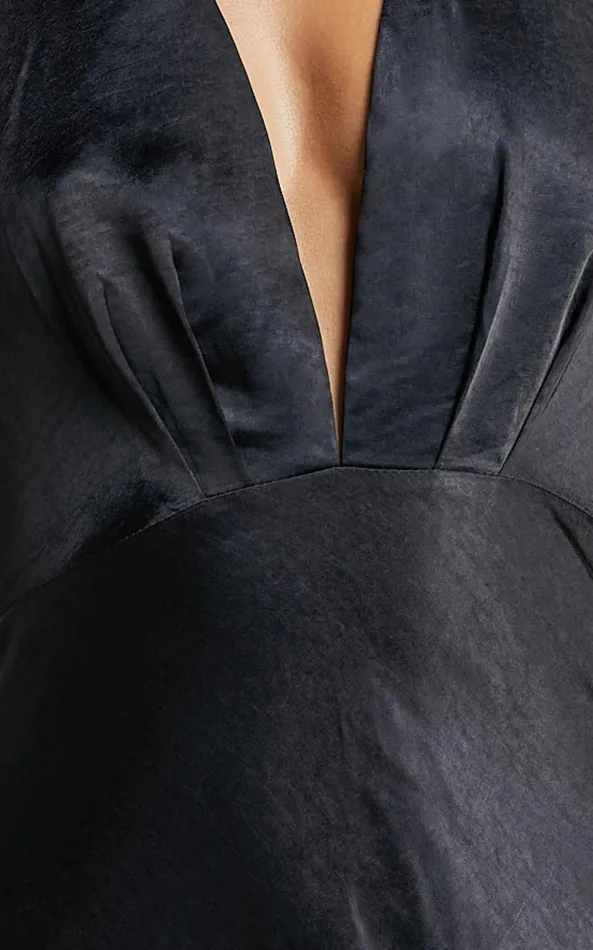 Showpo Prima Maxi Dress 8211 Detachable Rosette Plunge Satin Dress In Black Women Dresses