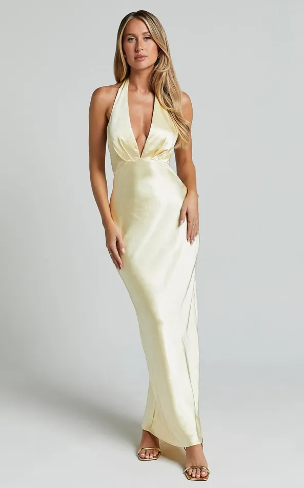 Showpo Prima Maxi Dress 8211 Detachable Rosette Plunge Satin Dress In Butter Yellow Women Dresses Showpo Prima Maxi Dress 8211 Detachable Rosette Plunge Satin Dress In Butter Yellow Women Dresses