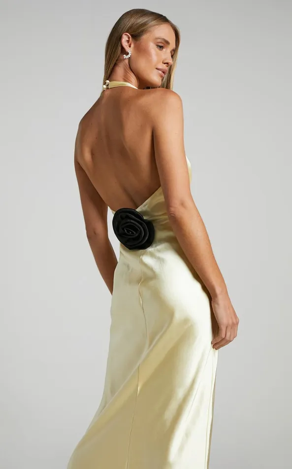 Showpo Prima Maxi Dress 8211 Detachable Rosette Plunge Satin Dress In Butter Yellow Women Dresses