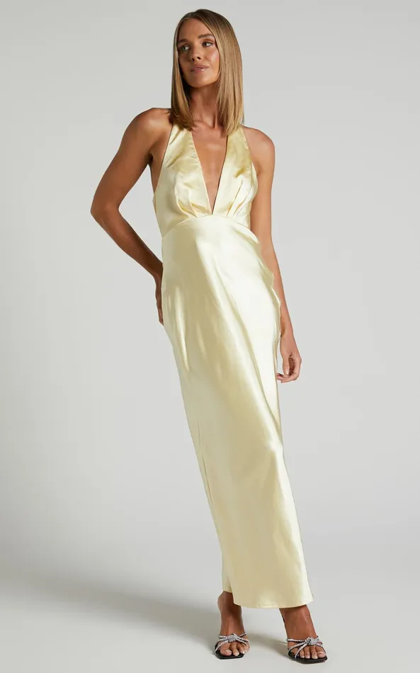 Showpo Prima Maxi Dress 8211 Detachable Rosette Plunge Satin Dress In Butter Yellow Women Dresses