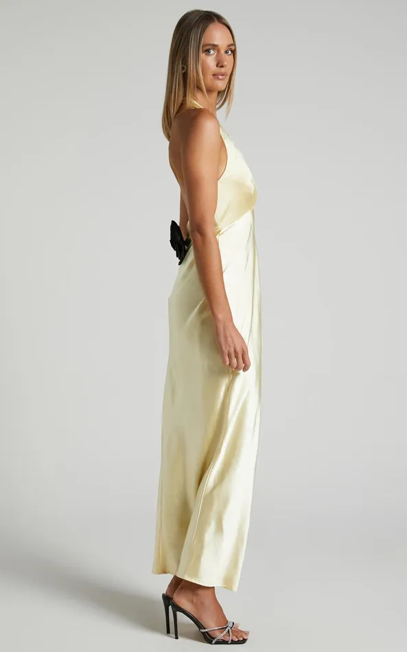 Showpo Prima Maxi Dress 8211 Detachable Rosette Plunge Satin Dress In Butter Yellow Women Dresses