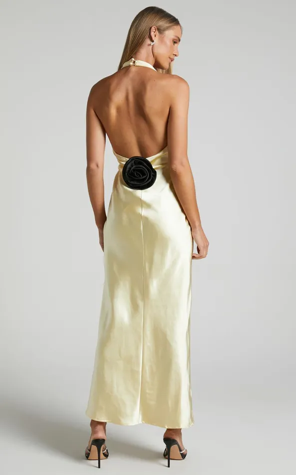 Showpo Prima Maxi Dress 8211 Detachable Rosette Plunge Satin Dress In Butter Yellow Women Dresses